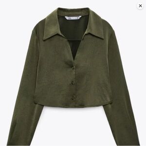 Zara Olive Green Satin Effect Cropped Button Down